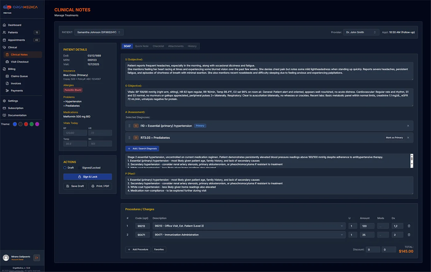 OrgaMedica Patient Management Dashboard showing patient records, appointments, and practice analytics
